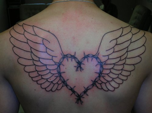 Winged Barbed Wire Head Tattoo On Back